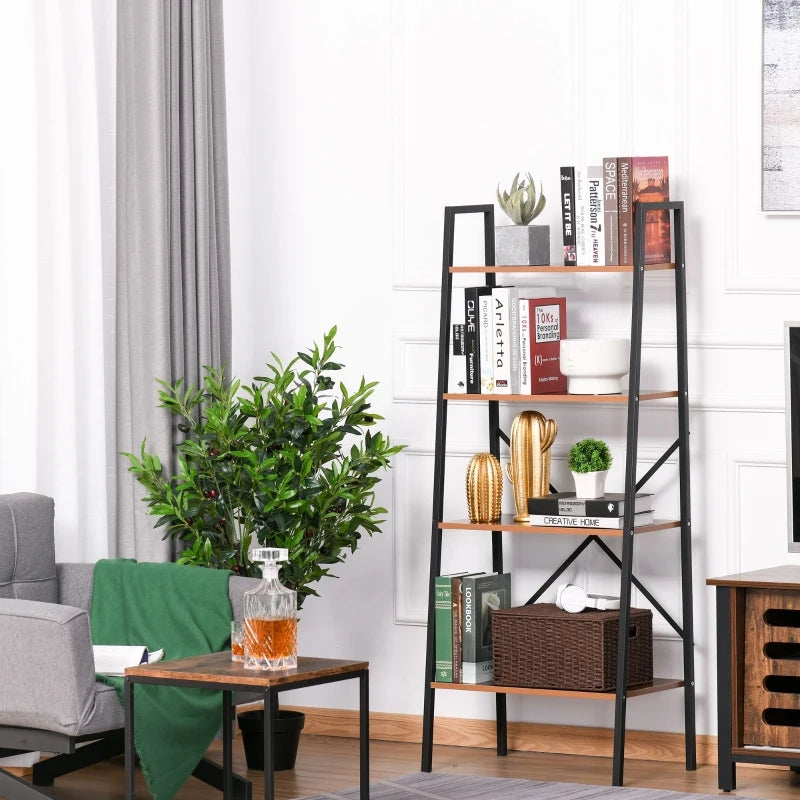 4-Tier Vintage Ladder Shelf Bookcase - Black/Brown Wood Storage Rack