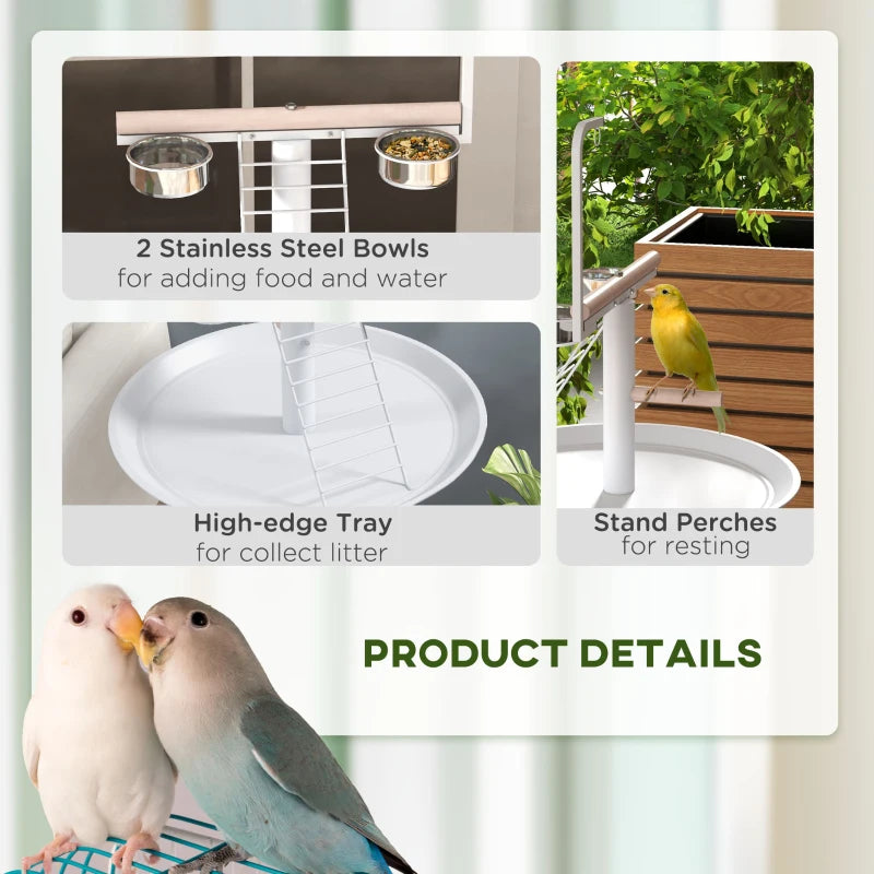 White Bird Stand with Wheels, Perches, Stainless Steel Bowls, Tray - Garden, Indoor, Outdoor