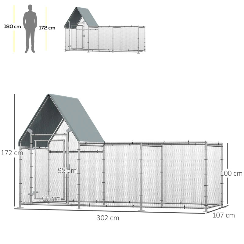 Galvanized Metal Chicken Run with Water-Resistant Cover, Large Outdoor Enclosure for 6-8 Chickens