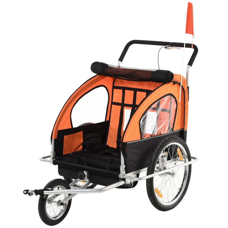 Orange 2-Seater Collapsible Baby Bike Trailer with Pivot Wheel Hitch