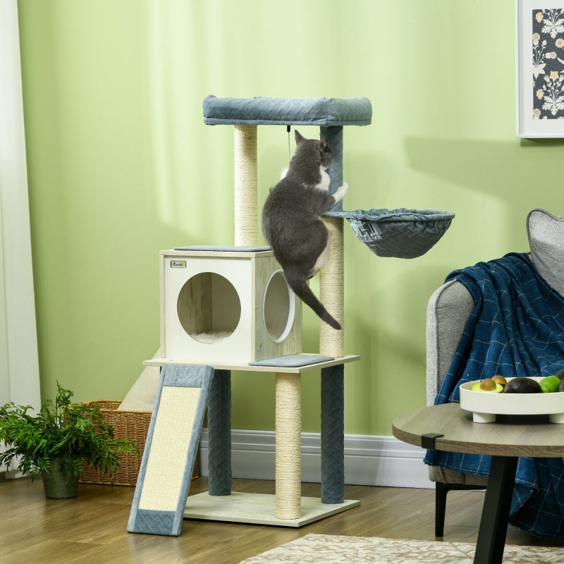 Modern Grey Cat Tree with Scratching Posts and Hammock