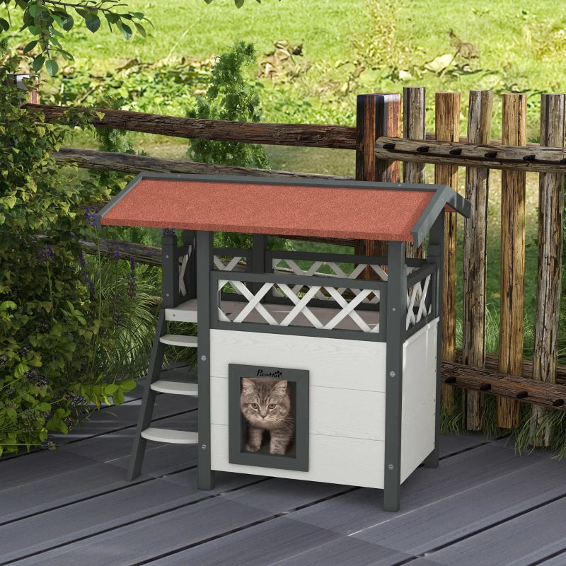 White Outdoor Cat House with Balcony and Stairs, 77 x 50 x 73 cm