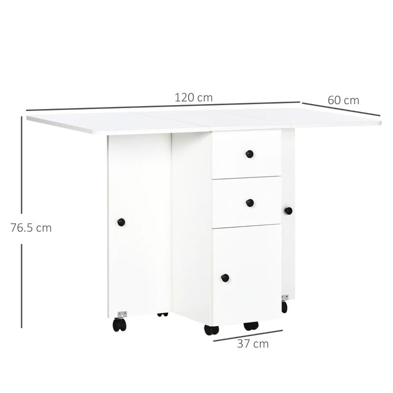 White Folding Dining Table with Storage Drawers and Wheels