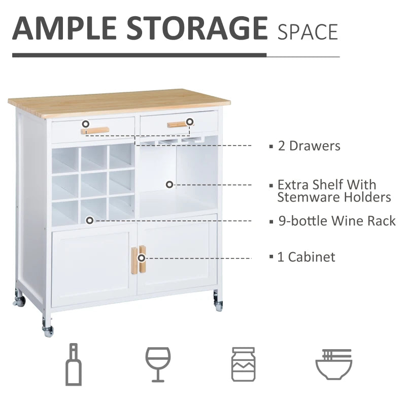 Rolling Kitchen Cart Sideboard Island - White Portable Storage Cabinet with Wine Racks