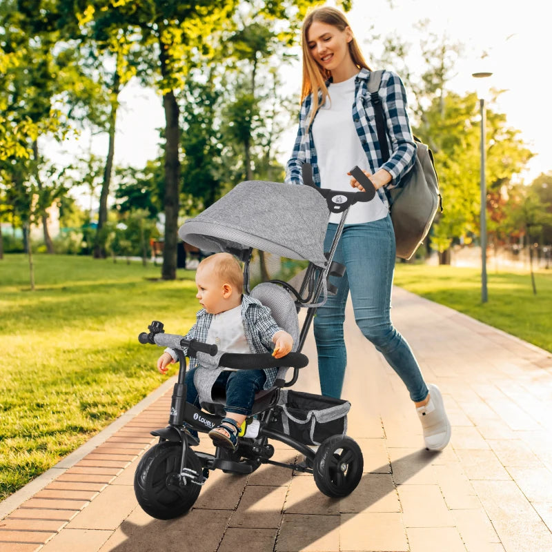 Grey 6-in-1 Kids Trike with Push Handle, Canopy, Safety Belt, Storage & Brake