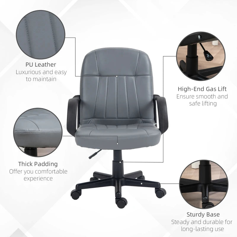 Grey Swivel Office Chair - PU Leather Desk Gaming Seater