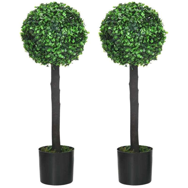 Set of 2 Green Artificial Boxwood Ball Trees in Pot for Home Decor, 20x20x60cm