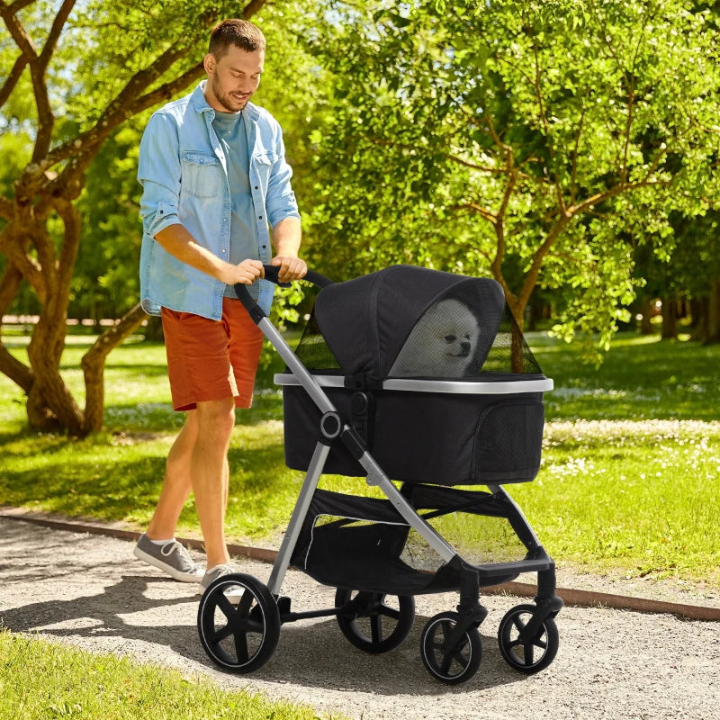 Black 3-in-1 Foldable Pet Stroller with EVA Wheels & Canopy