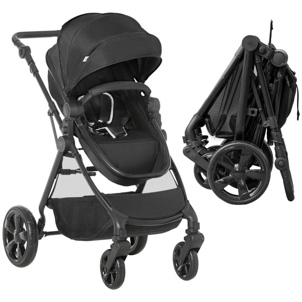 Black Foldable Baby Stroller with Reclining Backrest and Adjustable Canopy