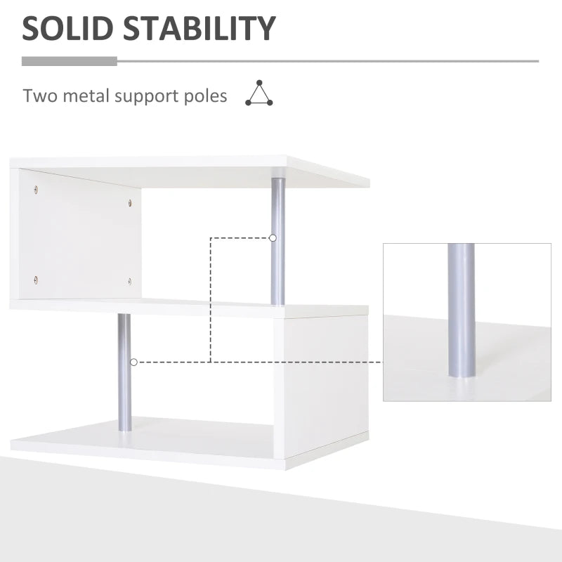 White Wooden S-Shaped Coffee Table with 2-Tier Storage Shelves