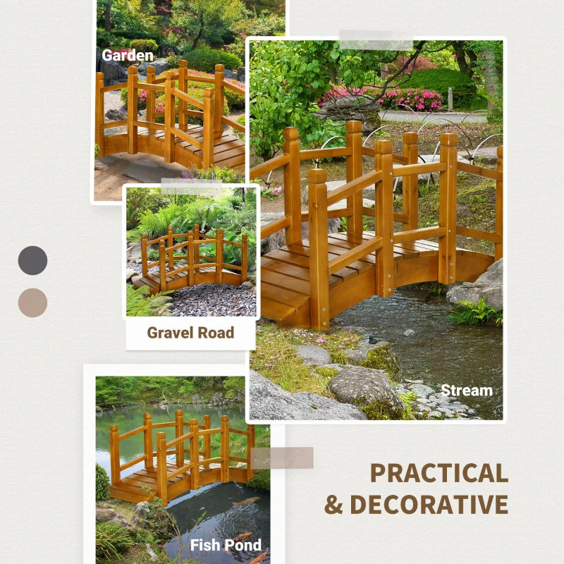 Brown Wooden Garden Bridge with Safety Railings for Pond Backyard Stream