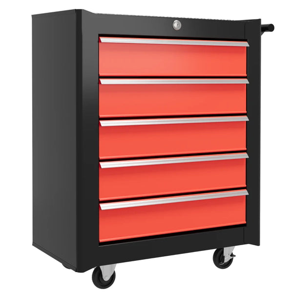 Red 5-Drawer Steel Tool Chest with Wheels and Lockable Cabinet