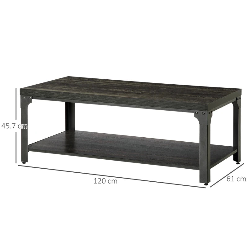 Rustic Dark Walnut Coffee Table with Storage Shelf and Steel Frame