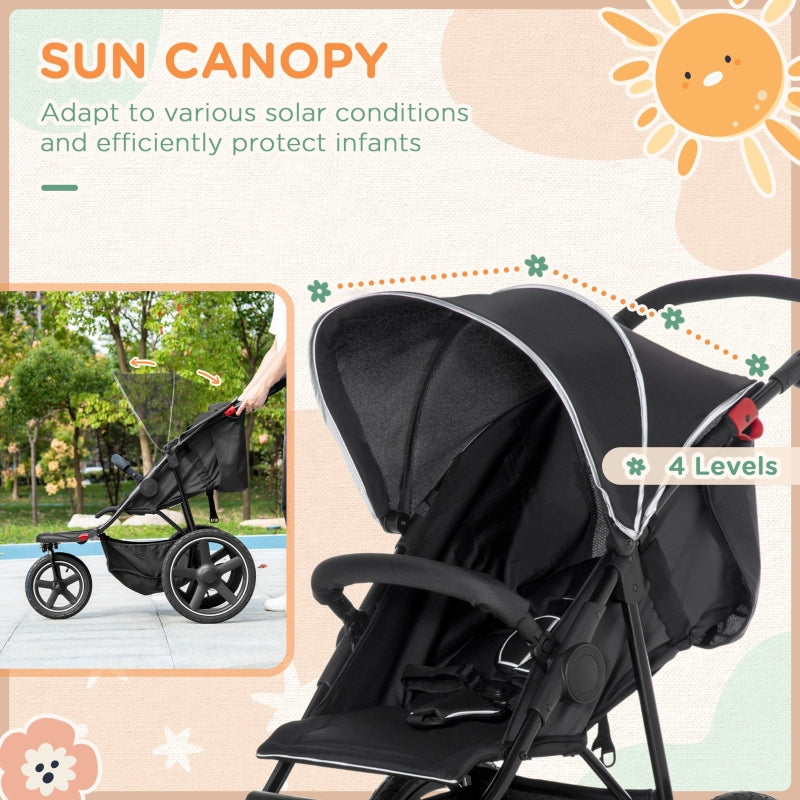 Black Foldable 3-Wheel Baby Stroller with Canopy & Storage Basket