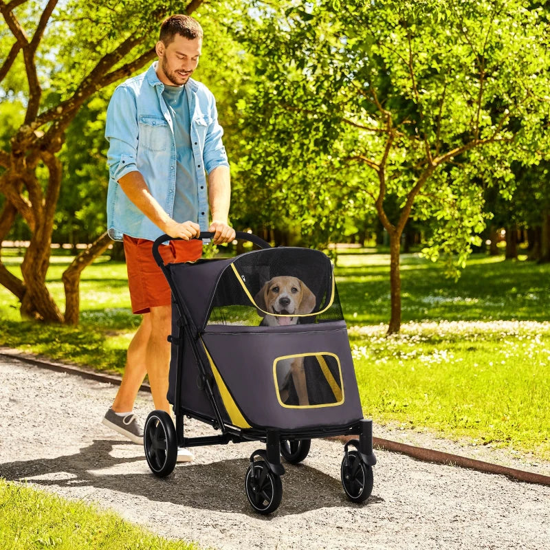 Grey Foldable Pet Stroller with Universal Wheels for Medium and Large Dogs