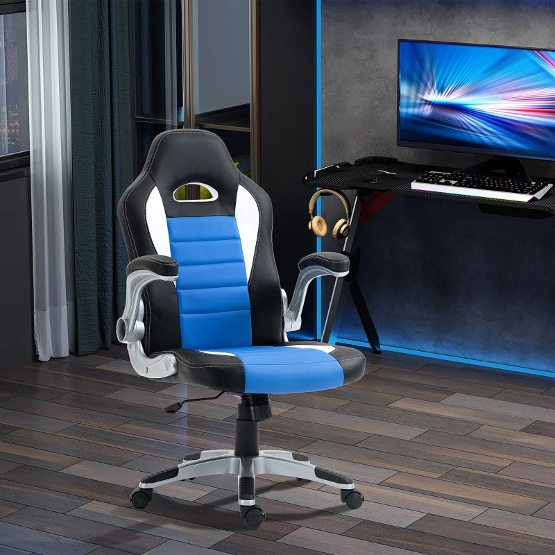 Blue Gaming Swivel Chair with Flip-up Armrest and Adjustable Height