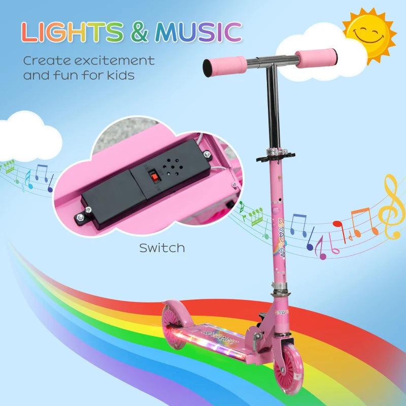 Kids Pink Scooter with Lights and Music - Adjustable Height, Foldable Frame