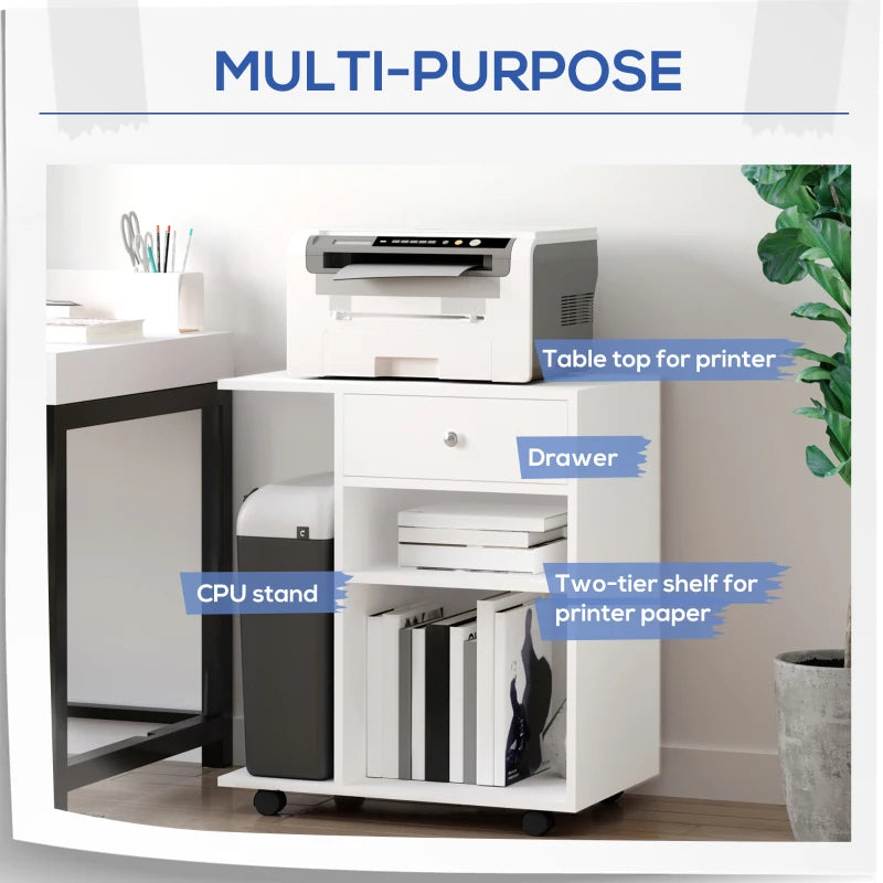 White Mobile Printer Stand with CPU Stand and Drawer