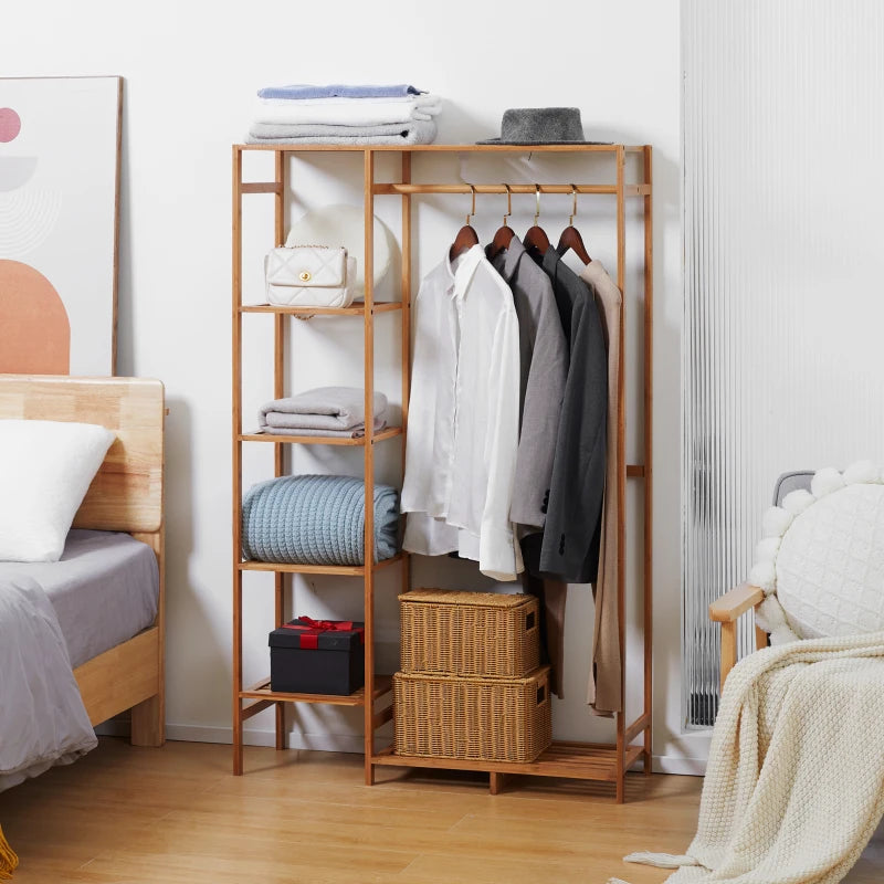 Bamboo Garment Rack with 6-Tier Storage Shelf - Natural Wood Color