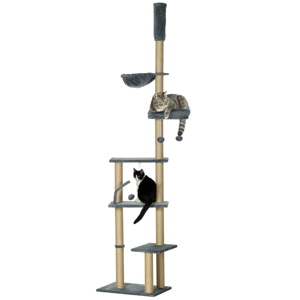 Grey 6-Tier Floor to Ceiling Cat Tree with Scratching Post and Hammock