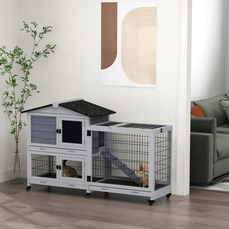 Grey Portable Rabbit Cage with Run, Wheels, Ramp - Indoor/Outdoor