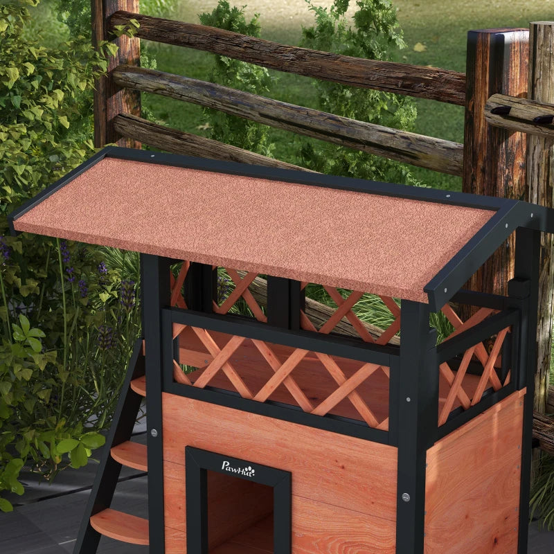 Brown Outdoor Cat House with Balcony and Stairs, 77 x 50 x 73 cm