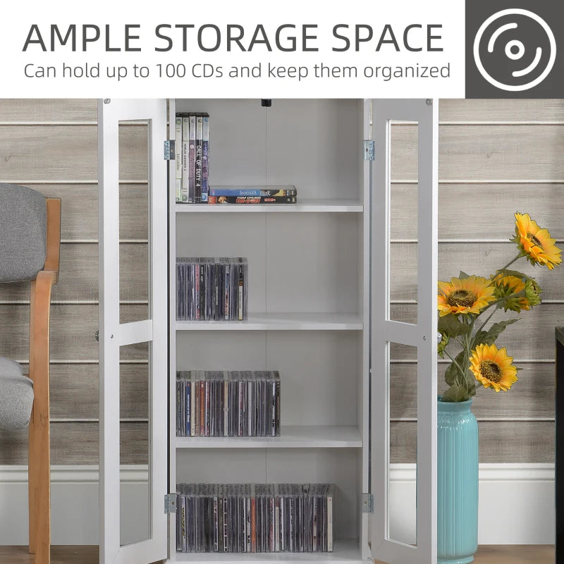 White 4-Tier CD Storage Cabinet - Holds up to 100 CDs, Modern Bookcase with Magnetic Doors