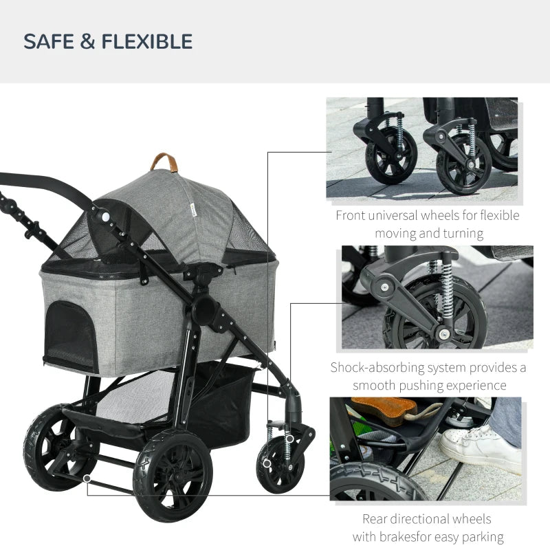 Grey Pet Stroller for Small Dogs and Cats with Detachable Carrier Bag