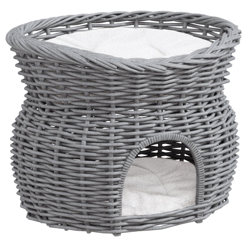 Grey Wicker 2-Tier Cat House with Washable Cushions