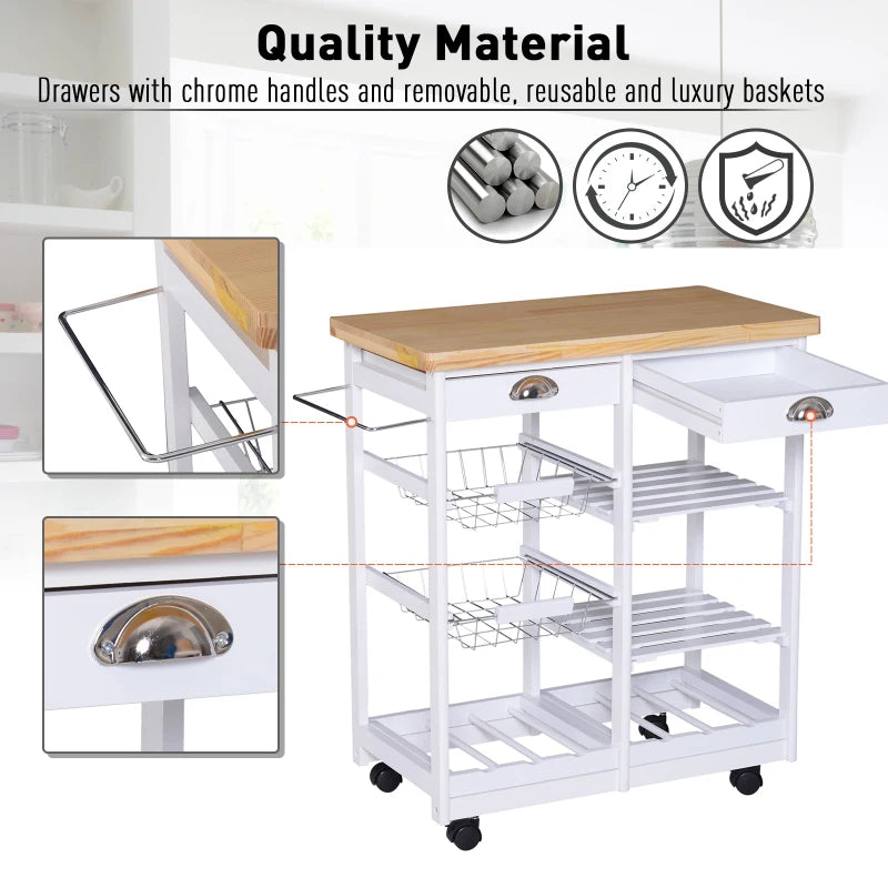 White Rolling Kitchen Island Cart with Drawers, Shelves, Basket, Wine Rack & Wheels