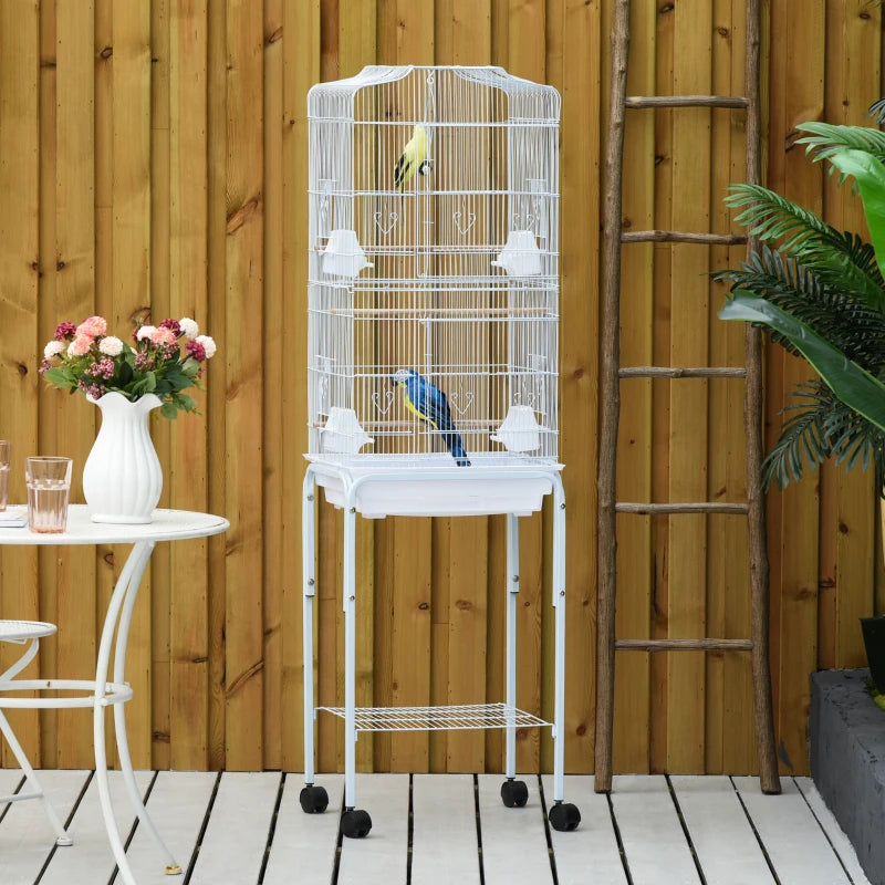 White Bird Cage with Stand and Accessories, 46.5 x 36 x 157 cm