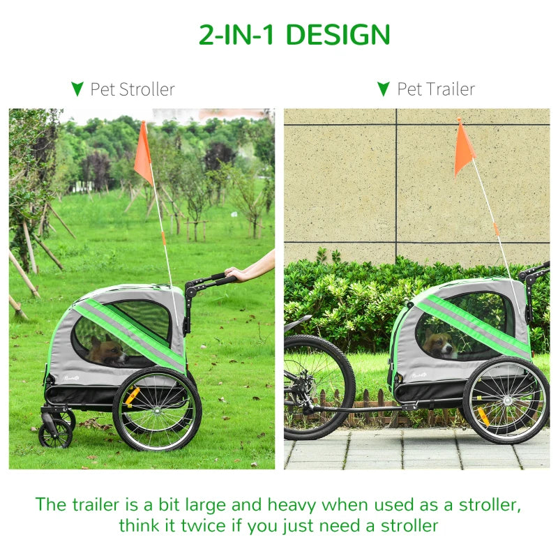 Green 2-In-1 Dog Bike Trailer & Pet Stroller with Reflectors