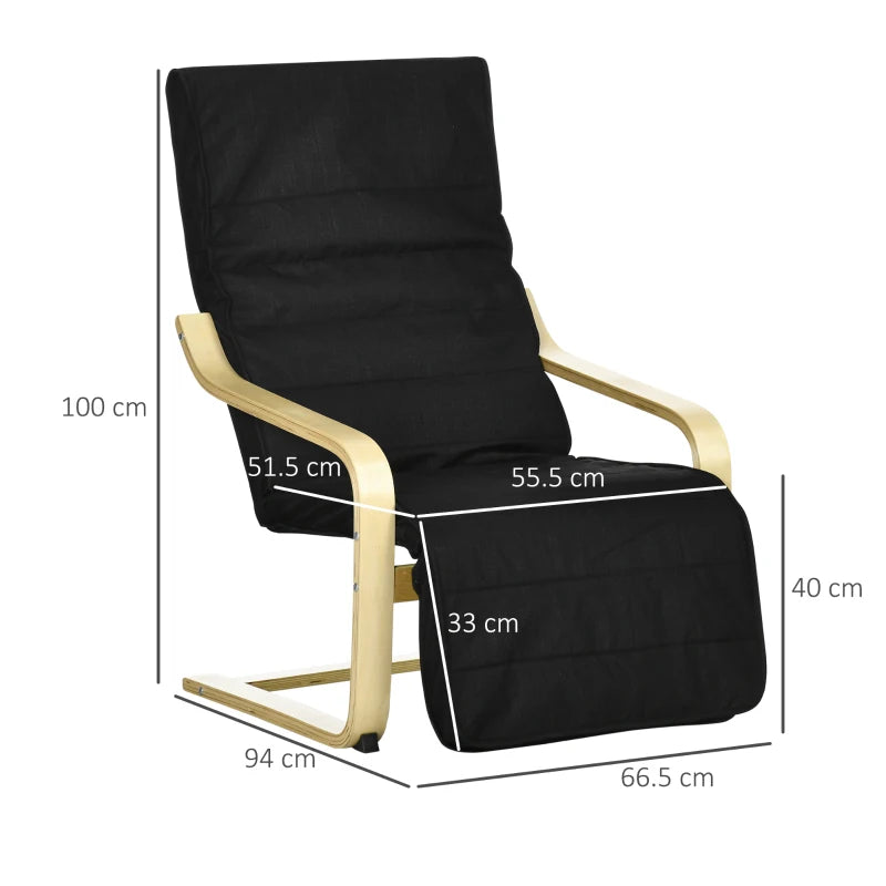 Black Wooden Reclining Lounge Chair with Adjustable Footrest & Cushion