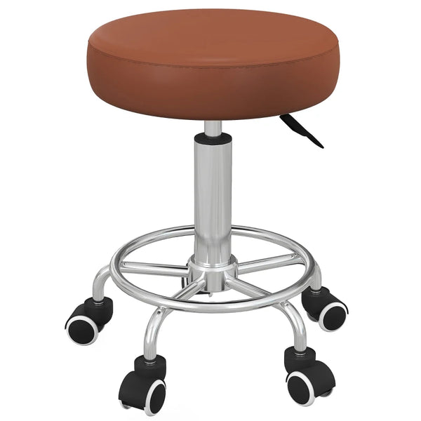 Brown PU Leather Rolling Salon Stool with Adjustable Height and Wheels
