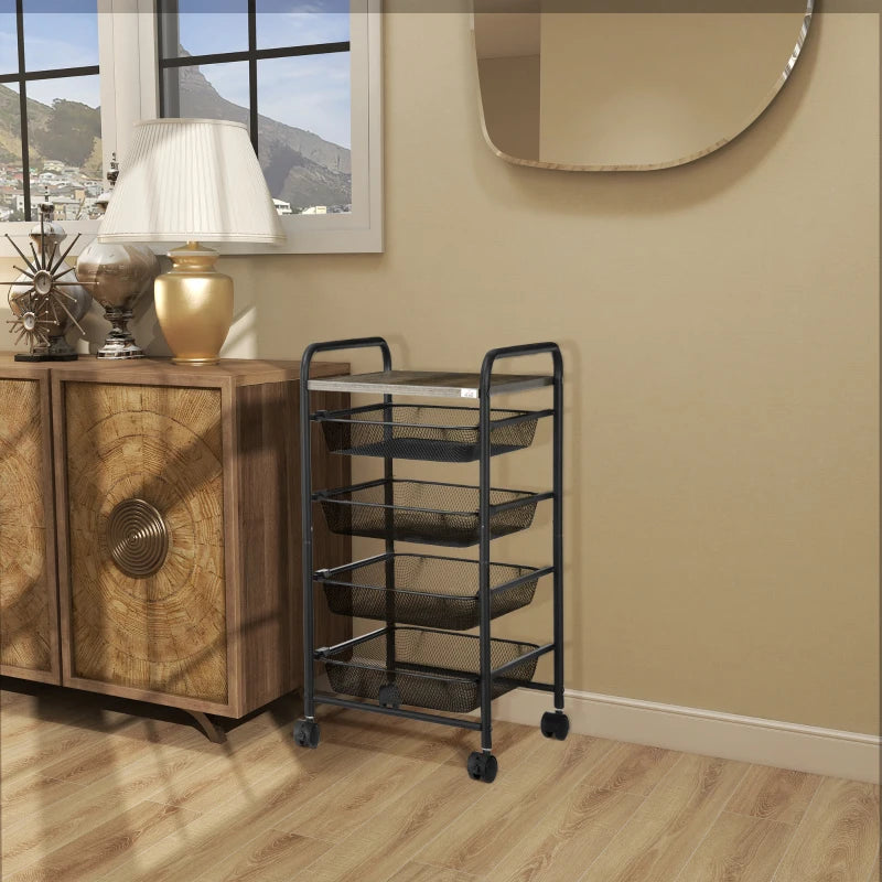 Black Rolling Utility Storage Trolley with 4 Mesh Trays