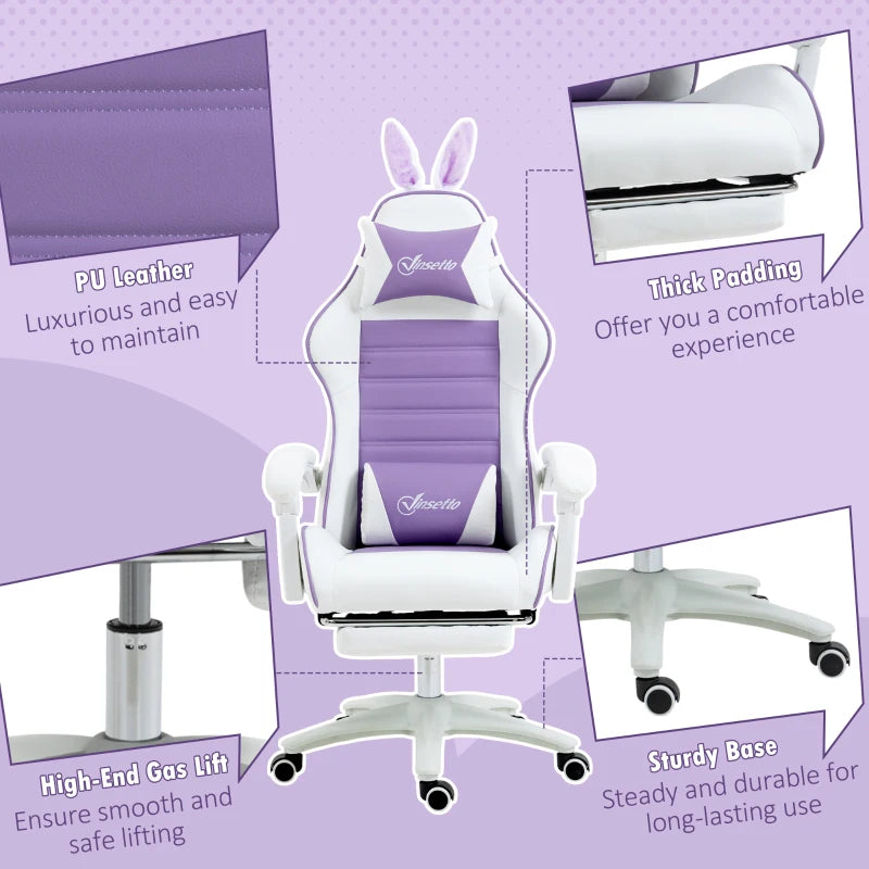 Purple Gaming Chair with Rabbit Ears, Footrest & Support