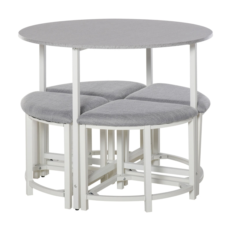 Modern Round Dining Table Set with 4 Upholstered Stools - Grey