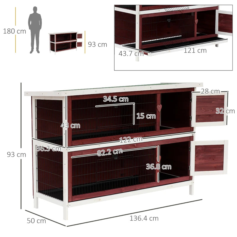 Outdoor 2-Tier Rabbit Hutch with No-Leak Trays - Grey - 136 x 50 x 93cm