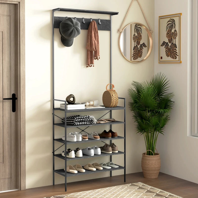 Grey Marbled Industrial Coat Stand with Shoe Storage