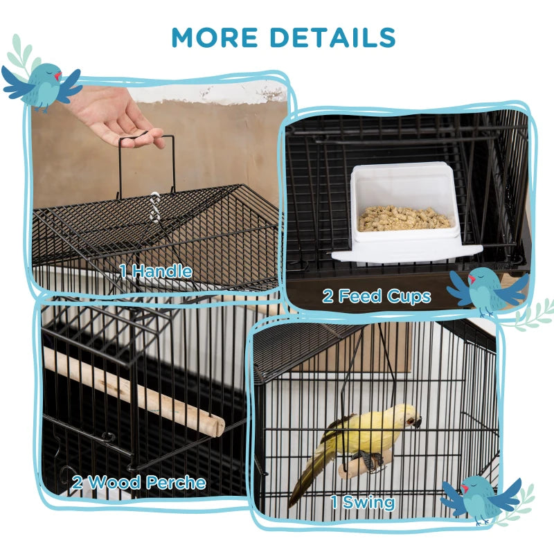 Metal Bird Cage with Swing Perch & Food Tray for Small Birds - Black