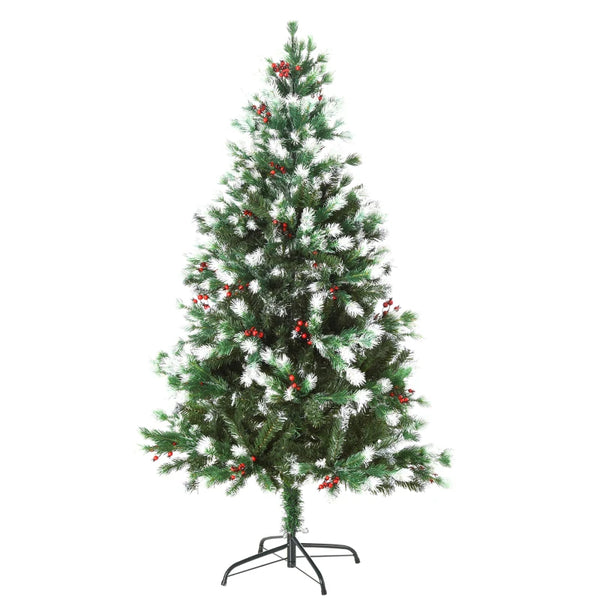 5ft Snow-Flocked Green Christmas Tree with Red Berries