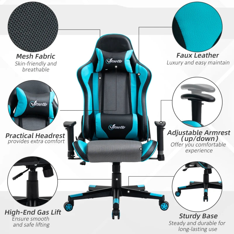 Sky Blue Racing Style Gaming Chair with Headrest and Lumbar Support