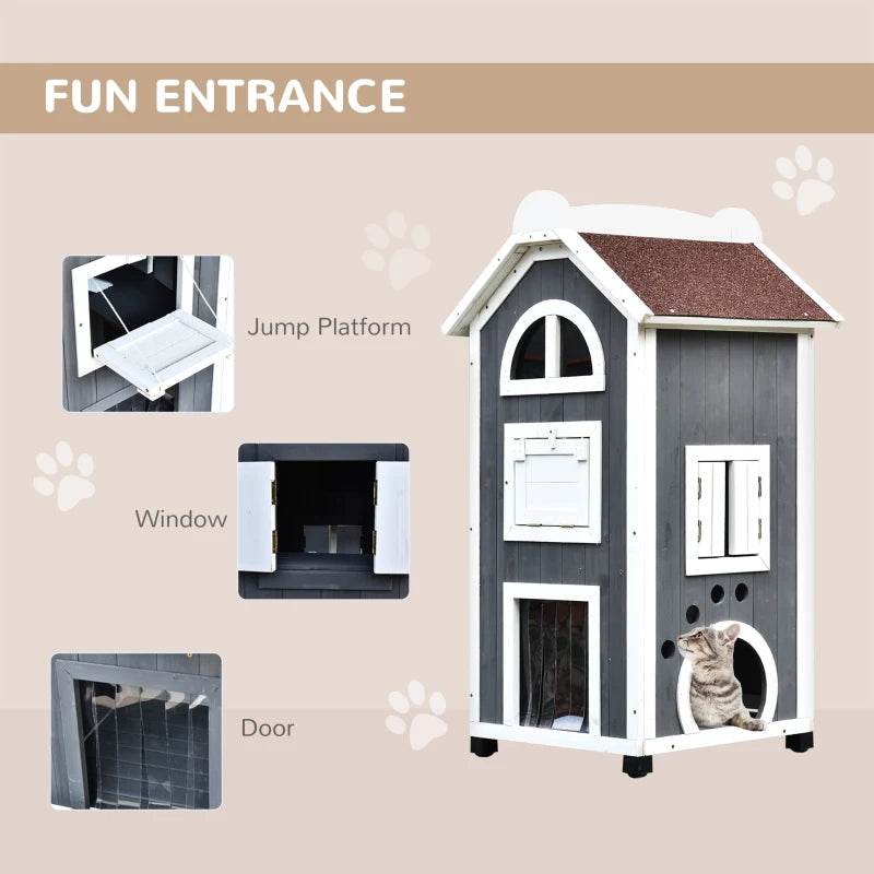 Grey & White Weatherproof Wooden Cat House with 2 Floors