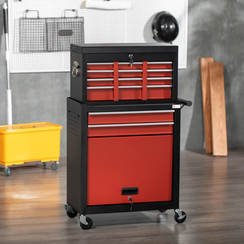 6-Drawer Black and Red Tool Cart with Wheels and Lockable Cabinet