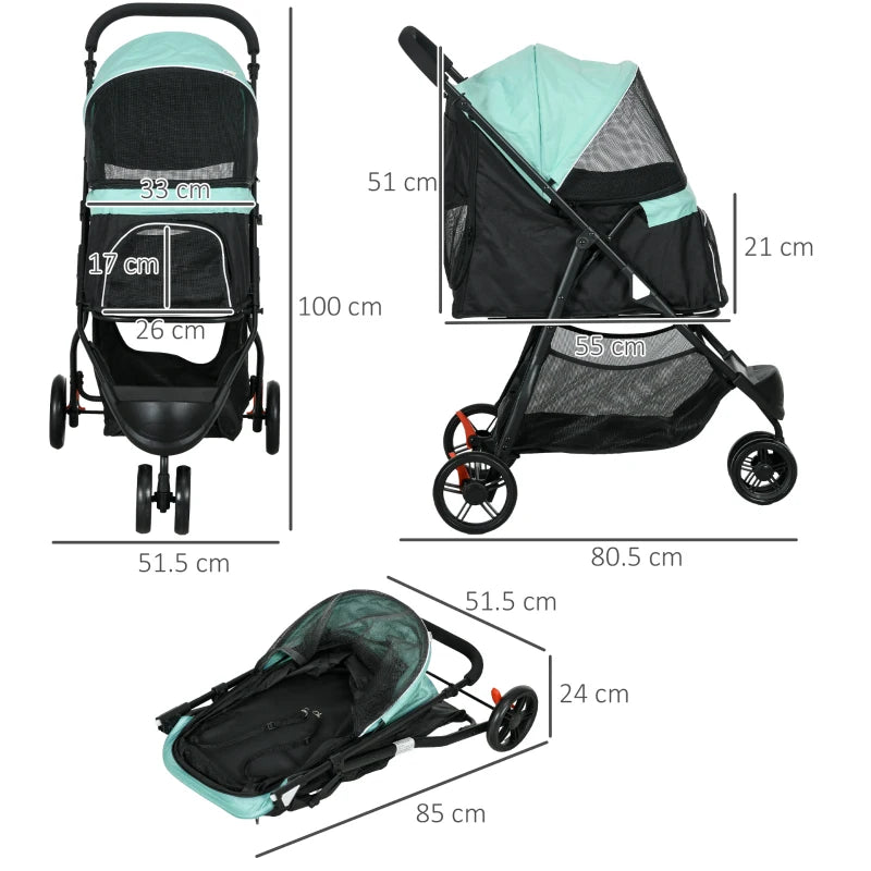 Green Foldable Pet Stroller with Rain Cover for XS and S Dogs