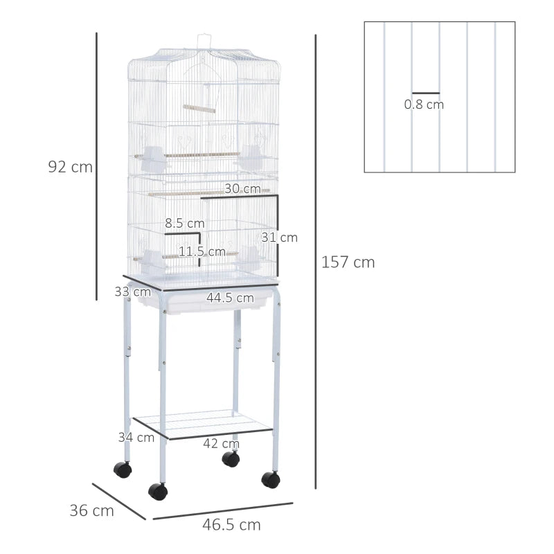 White Bird Cage with Stand and Accessories, 46.5 x 36 x 157 cm