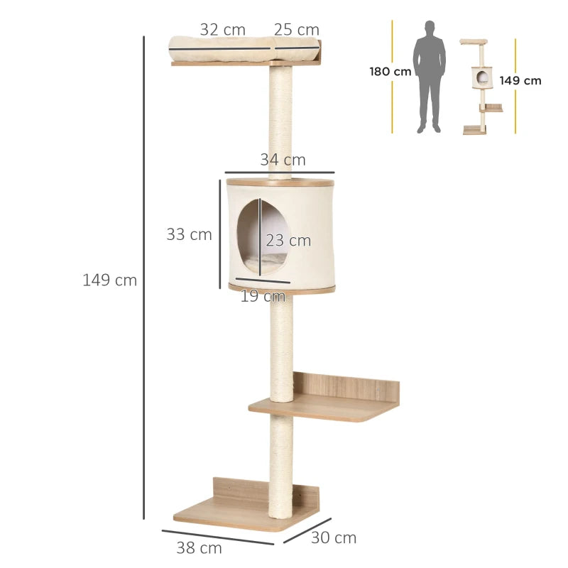 Beige Wall-Mounted Cat Tree with House, Bed, Scratching Post