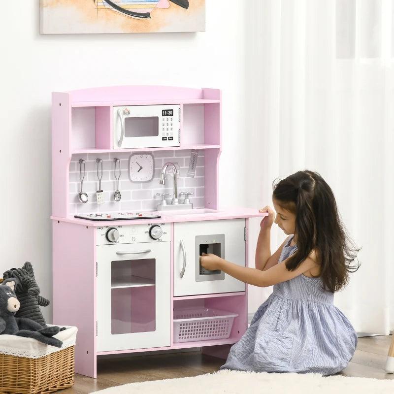 Kids Pink Kitchen Playset with Lights, Sounds, Microwave, Sink & Storage