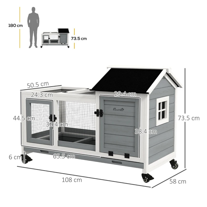 Grey Wooden Rabbit Hutch with Removable Tray and Wheels