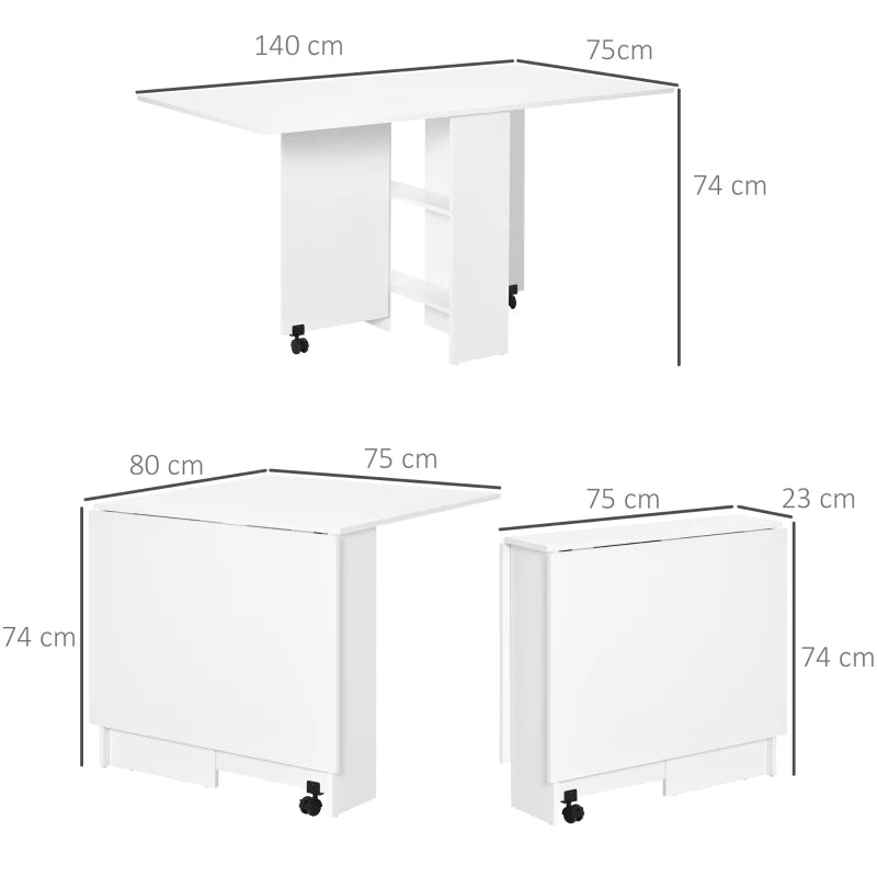 White Folding Dining Table with Shelves and Casters